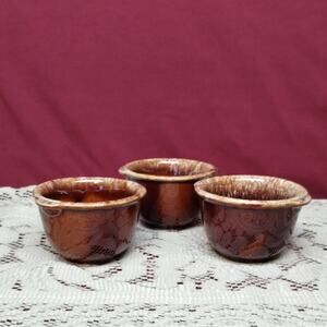 Vintage Hull USA Oven Proof Brown Drip Glaze 4" Ceramic Bowls Set 3